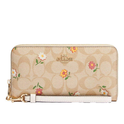 Coach Women's Long Zip Around Wallet In Signature Canvas With Nostalgic Ditsy Print Gold/Light Khaki Multi