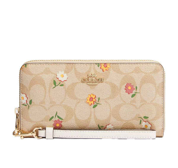 Coach Women's Long Zip Around Wallet In Signature Canvas With Nostalgic Ditsy Print Gold/Light Khaki Multi