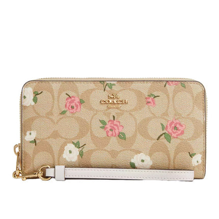 Coach Women's Long Zip Around Wallet In Signature Canvas With Floral Print Gold/Light Khaki Chalk Multi