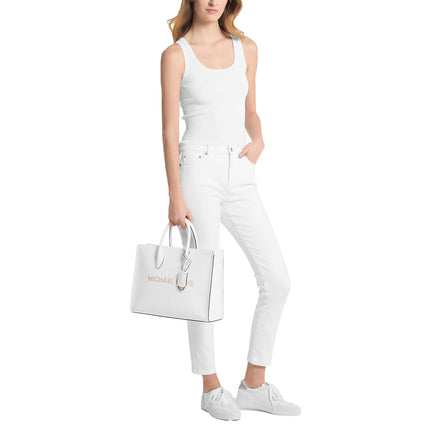 Michael Kors Women's Mirella Medium Pebbled Leather Tote Bag Optic White