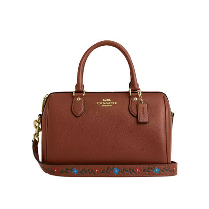 Coach Women's Rowan Satchel Bag With Tooling Gold/Redwood Multi