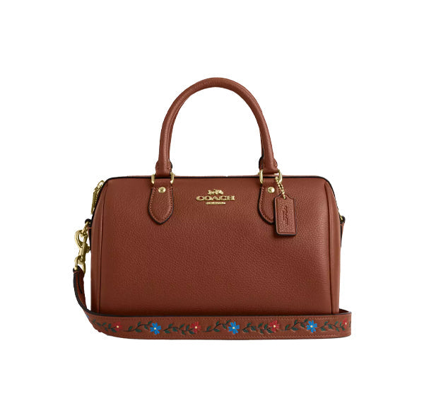 Coach Women's Rowan Satchel Bag With Tooling Gold/Redwood Multi