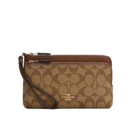 Coach Women's Double Zip Wallet In Signature Canvas Gold/Khaki/Saddle 2