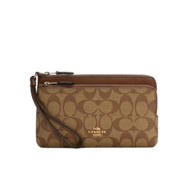 Coach Women's Double Zip Wallet In Signature Canvas Gold/Khaki/Saddle 2