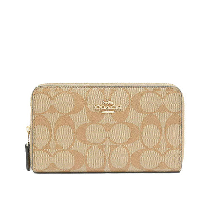 Coach Women's Medium Id Zip Wallet In Signature Canvas Gold/Light Khaki Chalk