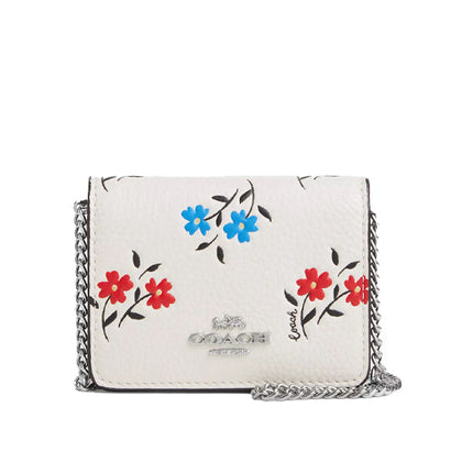 Coach Women's Mini Wallet On A Chain With Floral Print Silver/Chalk Multi