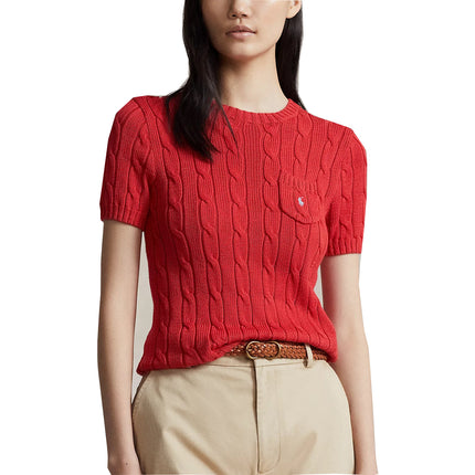 Polo Ralph Lauren Women's Cable Knit Cotton Short Sleeve Sweater Post Red