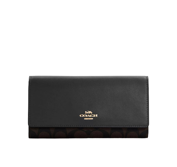 Coach Women's Slim Trifold Wallet In Signature Canvas Gold/Brown Black