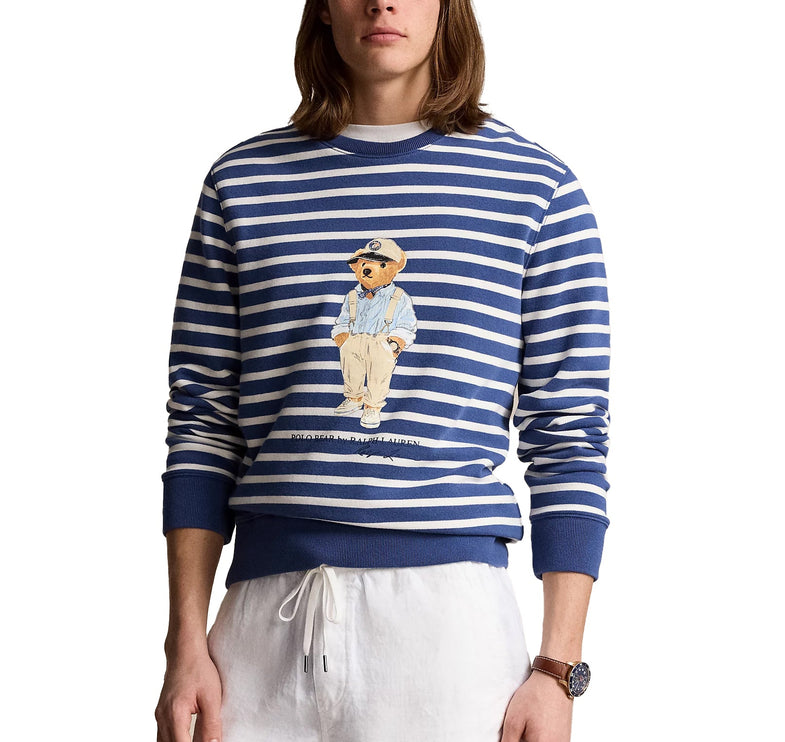 Ralph Lauren Men's Polo Bear Striped Fleece Sweatshirt Navy White Stripe