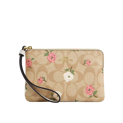 Coach Women's Corner Zip Wristlet In Signature Canvas With Floral Print Gold/Light Khaki Chalk Multi