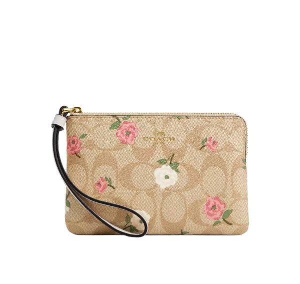 Coach Women's Corner Zip Wristlet In Signature Canvas With Floral Print Gold/Light Khaki Chalk Multi