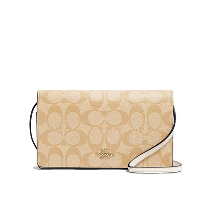 Coach Women's Anna Foldover Clutch Crossbody In Signature Canvas Gold/Light Khaki Chalk