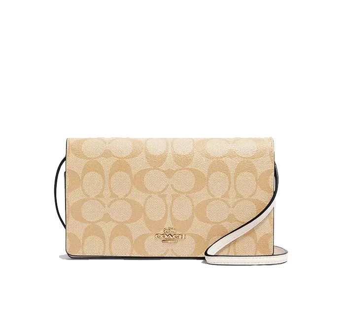 Coach Women's Anna Foldover Clutch Crossbody In Signature Canvas Gold/Light Khaki Chalk