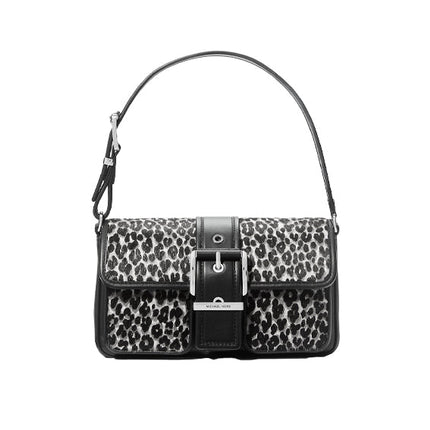 Michael Kors Women's Colby Medium Leopard Print Calf Hair Shoulder Bag Black Combo