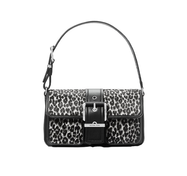 Michael Kors Women's Colby Medium Leopard Print Calf Hair Shoulder Bag Black Combo