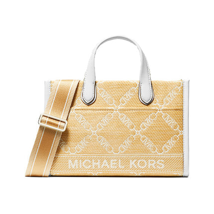 Michael Kors Women's Gigi Small Empire Logo Jacquard Straw Messenger Bag Nat Optick White