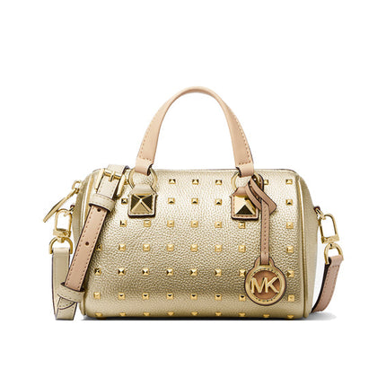 Michael Kors Women's Grayson Small Studded Metallic Leather Duffel Crossbody Bag Pale Gold