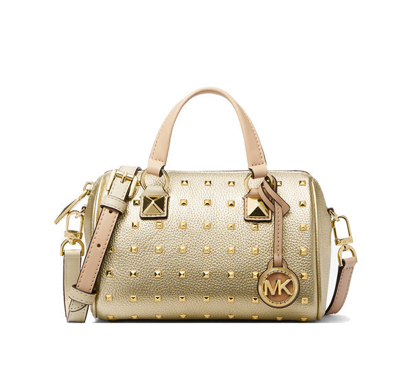 Michael Kors Women's Grayson Small Studded Metallic Leather Duffel Crossbody Bag Pale Gold