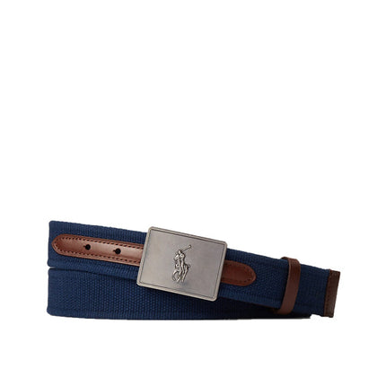 Polo Ralph Lauren Men's Pony Plaque Canvas & Leather Belt Newport Navy/Brown