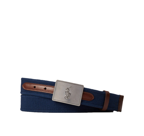 Polo Ralph Lauren Men's Pony Plaque Canvas & Leather Belt Newport Navy/Brown