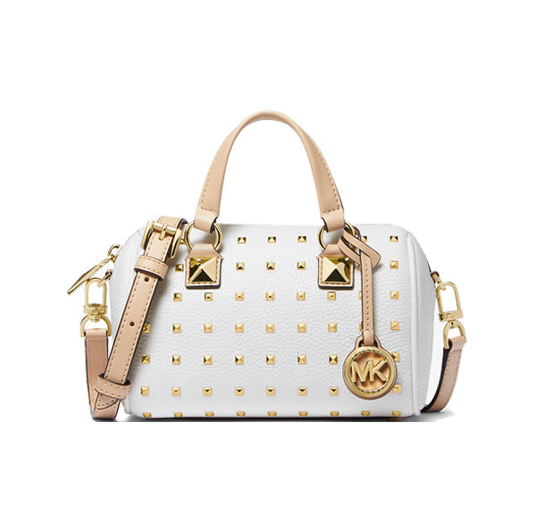 Michael Kors Women's Grayson Small Studded Leather Duffel Crossbody Bag Optic White