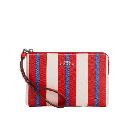 Coach Women's Corner Zip Wristlet With Stripe Print Silver/Chalk Multi