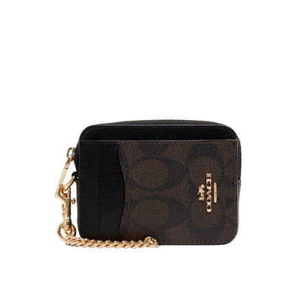 Coach Women's Zip Card Case In Signature Canvas Gold/Brown Black