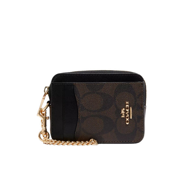 Coach Women's Zip Card Case In Signature Canvas Gold/Brown Black