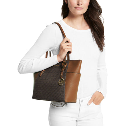 Michael Kors Women's Charlotte Large Logo and Leather Top Zip Tote Bag Brown