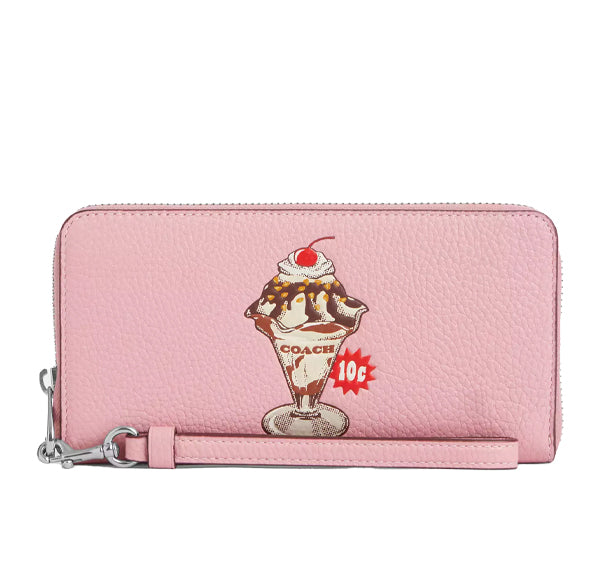 Coach Women's Long Zip Around Wallet With Sundae Graphic Silver/Cherry Blossom