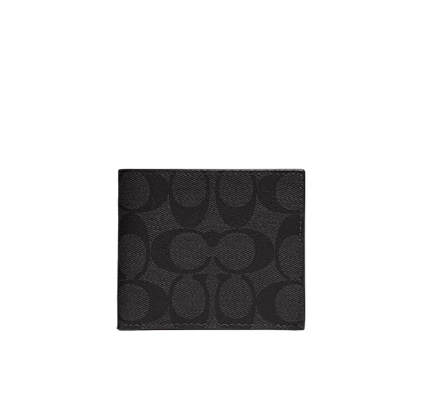 Coach Women's Id Billfold Wallet In Signature Canvas Gunmetal/Charcoal/Black