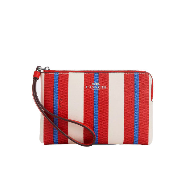 Coach Women's Corner Zip Wristlet With Stripe Print Silver/Chalk Multi