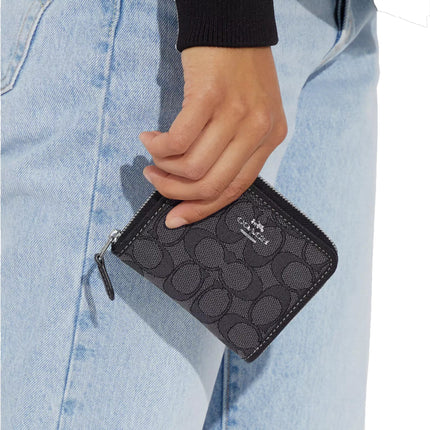 Coach Women's Small Zip Around Wallet In Signature Jacquard Silver/Black Smoke Black/Multi