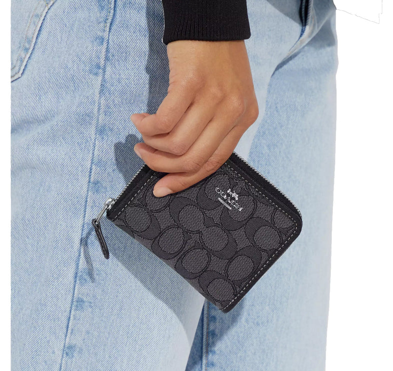 Coach Women's Small Zip Around Wallet In Signature Jacquard Silver/Black Smoke Black/Multi