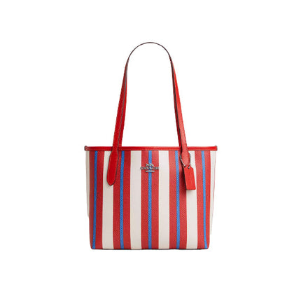 Coach Women's Small City Tote With Stripe Print Silver/Chalk Multi