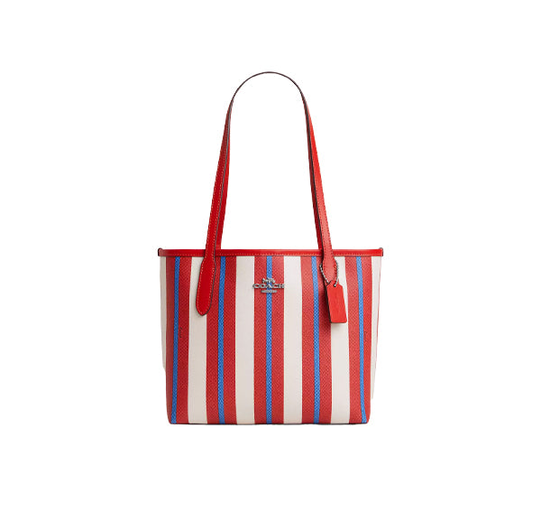 Coach Women's Small City Tote With Stripe Print Silver/Chalk Multi