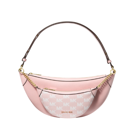 Michael Kors Women's Hollis Medium 2-in-1 Pebbled Leather and Logo Jacquard Shoulder Bag Powder Blush/Gold