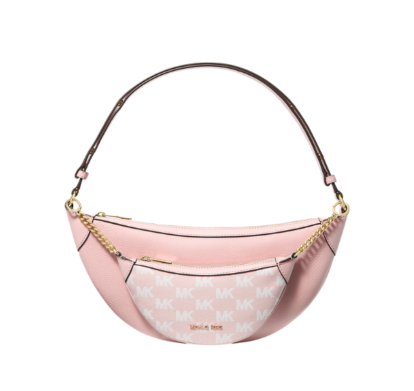Michael Kors Women's Hollis Medium 2-in-1 Pebbled Leather and Logo Jacquard Shoulder Bag Powder Blush/Gold