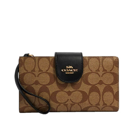 Coach Women's Phone Wallet In Colorblock Signature Canvas Gold/Khaki/Black