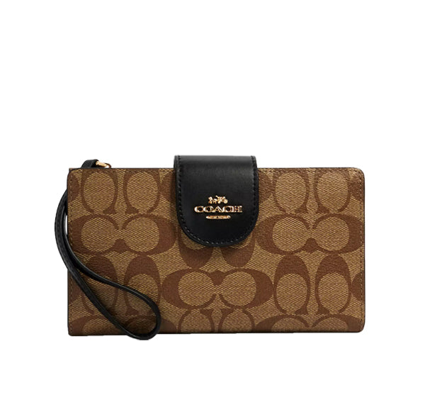 Coach Women's Phone Wallet In Colorblock Signature Canvas Gold/Khaki/Black