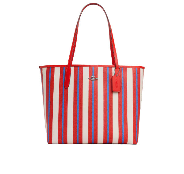 Coach Women's City Tote Bag With Stripe Print Silver/Chalk Multi