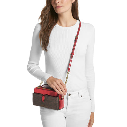 Michael Kors Women's Jet Set Medium Signature Logo and Patent Double-Zip Crossbody Bag Crimson