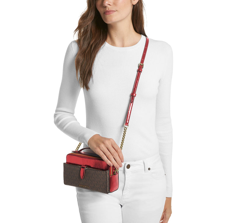 Michael Kors Women's Jet Set Medium Signature Logo and Patent Double-Zip Crossbody Bag Crimson