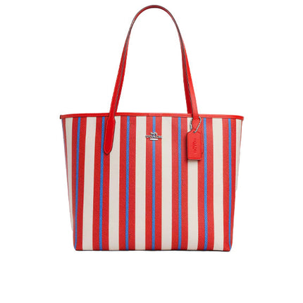 Coach Women's City Tote Bag With Stripe Print Silver/Chalk Multi