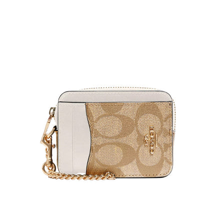 Coach Women's Zip Card Case In Signature Canvas Gold/Light Khaki Chalk