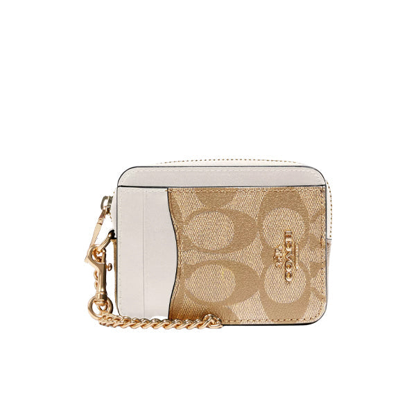 Coach Women's Zip Card Case In Signature Canvas Gold/Light Khaki Chalk