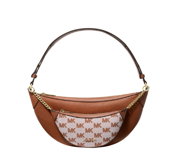 Michael Kors Women's Hollis Medium 2-in-1 Pebbled Leather and Logo Jacquard Shoulder Bag Luggage/Gold