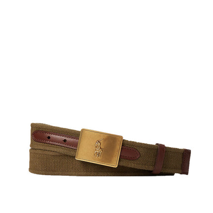 Polo Ralph Lauren Men's Pony Plaque Canvas & Leather Belt Canopy Olive/Brown