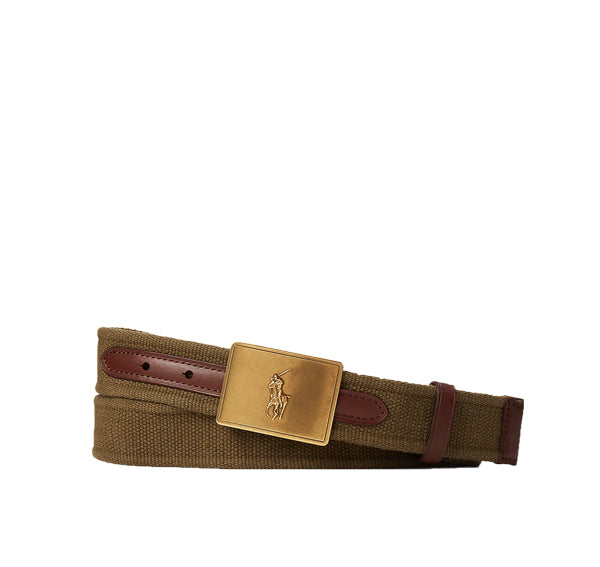 Polo Ralph Lauren Men's Pony Plaque Canvas & Leather Belt Canopy Olive/Brown