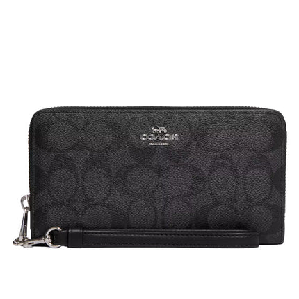 Coach Women's Long Zip Around Wallet In Signature Canvas Silver/Graphite/Black